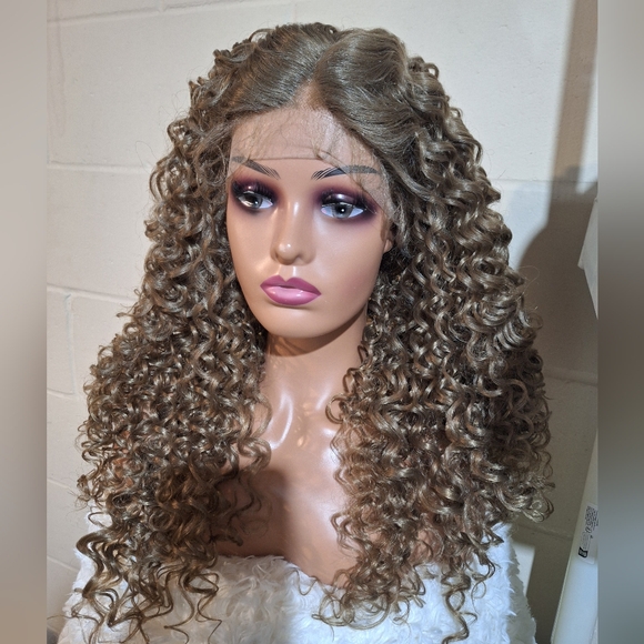 Curly Brown Human Hair Blend Lace Front Wig - Picture 2 of 8